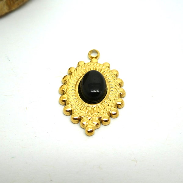 1 Pendentif ethnique ovale 23*15mm, acier inox 304 doré et pierre noire (PHPID06)