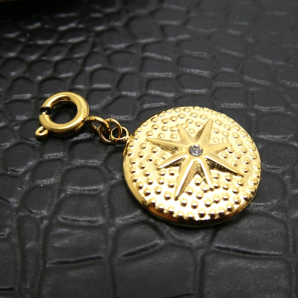 1 Pendentif rond avec fermoir 25x25mm étoile et strass - acier inoxydable doré (8SBI04)