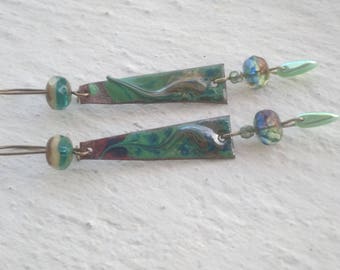 Earrings: Enameled copper and Czech glass beads