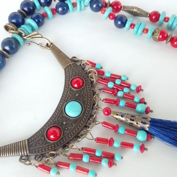 Collier - sautoir 2 en 1 - Collection ethnique en bleus et rouge