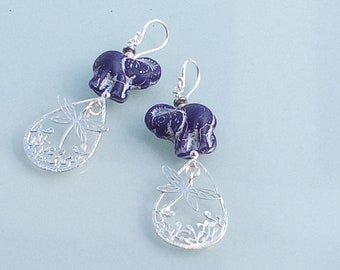 Les éléphants bleu jean - foncé - argent et verre tchèque