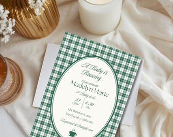 Babyshower Gamla pengar bryggning Redigerbar babyshowerinbjudningsmall kaffe Canvainbjudan Digital nedladdning Rutigt neutralt babyshowerkort