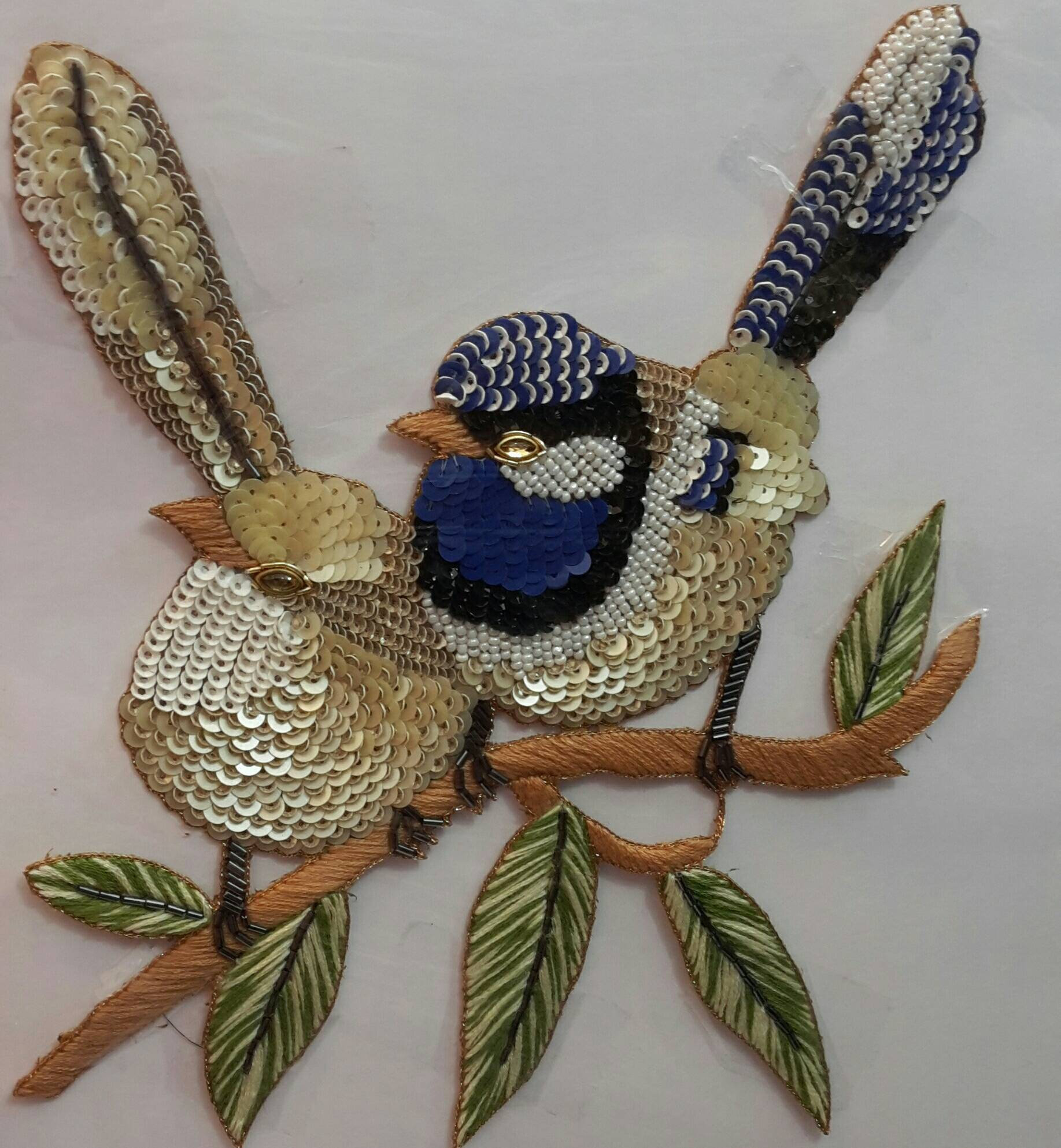 Indian Handmade Pearl Sequin Birds Embroidery Design