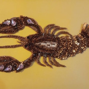 Può includere: Un'applicazione di aragosta in paillettes dorate e marroni con strass iridescenti. Questa toppa decorativa è perfetta per aggiungere un tocco di fantasia a vestiti, borse o arredamento per la casa.