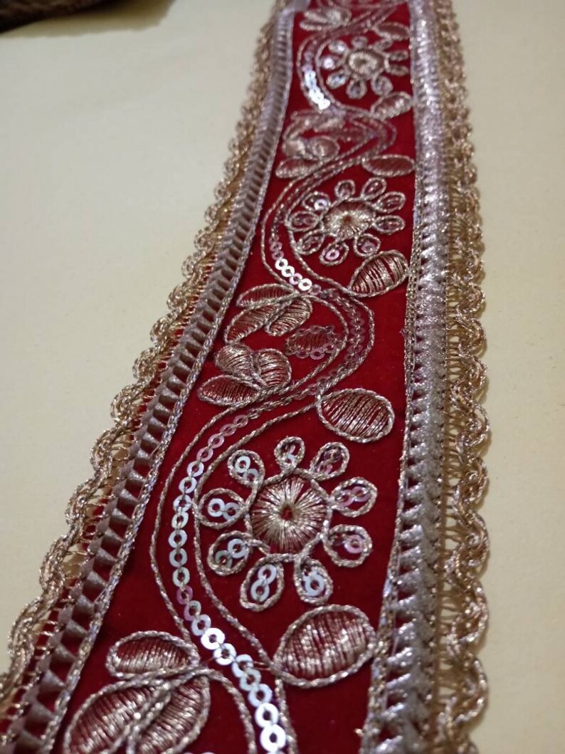 Bridal Wear Embellishment,Indian Ribbon-Width 2.75 INCH-Price for 1 Yard-NFL303 Indian Fabric Trim Embroidered Golden Red zari Trim