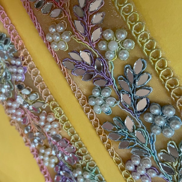 Embroidered  Silk pearl Trim, mirror Trim, Indian Fabric Trim, Bridal Wear Embellishment,Trim-Width 1.75INCH-Price for 1 Yard NFL603