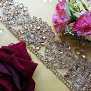 Gouden zari Pearl Kundan Mirror Trim Stof Brede sjaal rand, Sari Blouse lehenga design Border Breedte -2.0inch Prijs per 1 Yard NFL013