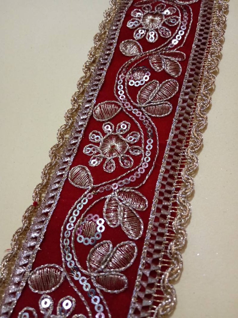 Bridal Wear Embellishment,Indian Ribbon-Width 2.75 INCH-Price for 1 Yard-NFL303 Indian Fabric Trim Embroidered Golden Red zari Trim