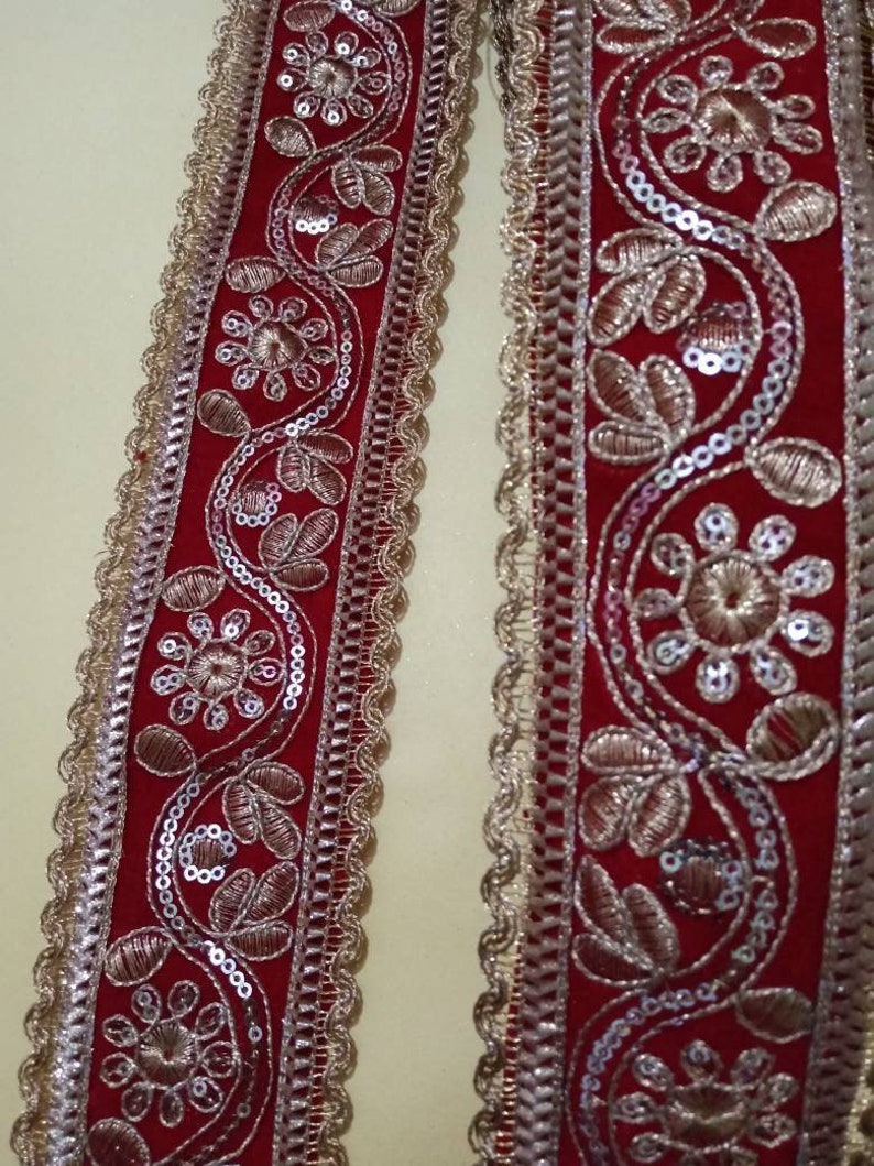 Bridal Wear Embellishment,Indian Ribbon-Width 2.75 INCH-Price for 1 Yard-NFL303 Indian Fabric Trim Embroidered Golden Red zari Trim