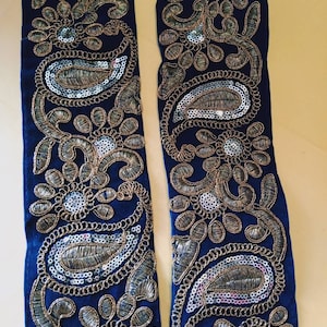 Geborduurd Blauw fluweel gouden zari Trim, Indiase stof Trim, Bruidskleding Versiering, Indiase Lint-Breedte 3.25 INCH-Prijs voor1Yard-NFL333