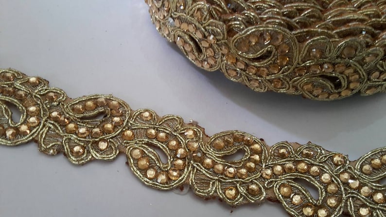 Price for 01 Yard NFL015 Saree Border Golden stone Lace Scarf Dupatta Border Embellishment     Fabric Lace Indian Trim-Width 1.00 inch