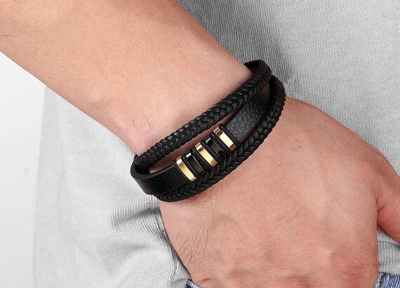 Men s bracelet Stainless Steel Black braided Leather Bracelets For