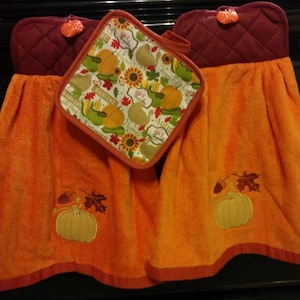 Embroidered Fall Pumpkin Hanging Kitchen Towel Set with matching Potholder