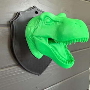 May include: A bright green Tyrannosaurus Rex head mounted on a black shield-shaped plaque. The dinosaur head has detailed features, including sharp teeth and a textured surface. The plaque has a hole at the top for hanging.