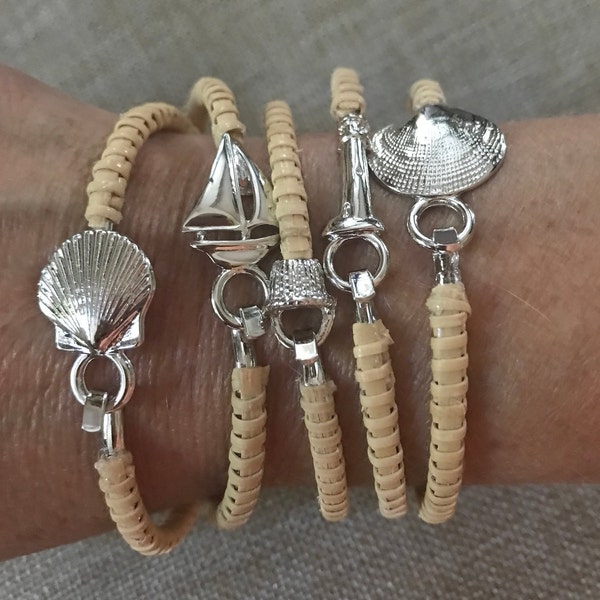 Nantucket Basket, Sand Dollar, Scallop Shell, Quahog Shell, Sailboat, Whale Tail, Nantucket, and Martha's Vineyard Clasp Bracelets