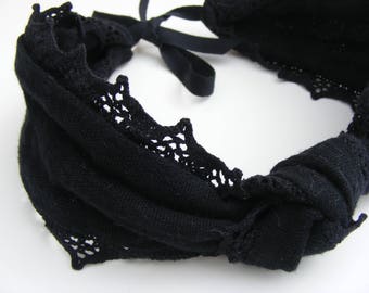 Double cotton gauze headband / headband and black lace to tie