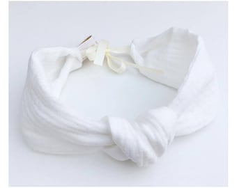 Double white cotton gauze headband/headband, adjustable