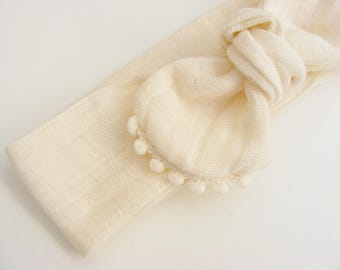 Headband / headband double cotton gauze and small ivory pompoms, to tie