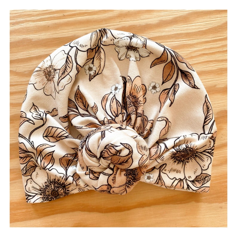 Turban, noeud fleur, jersey de coton certifié Oeko tex, imprimé fleuri, rétro, de naissance à ladulte. image 4
