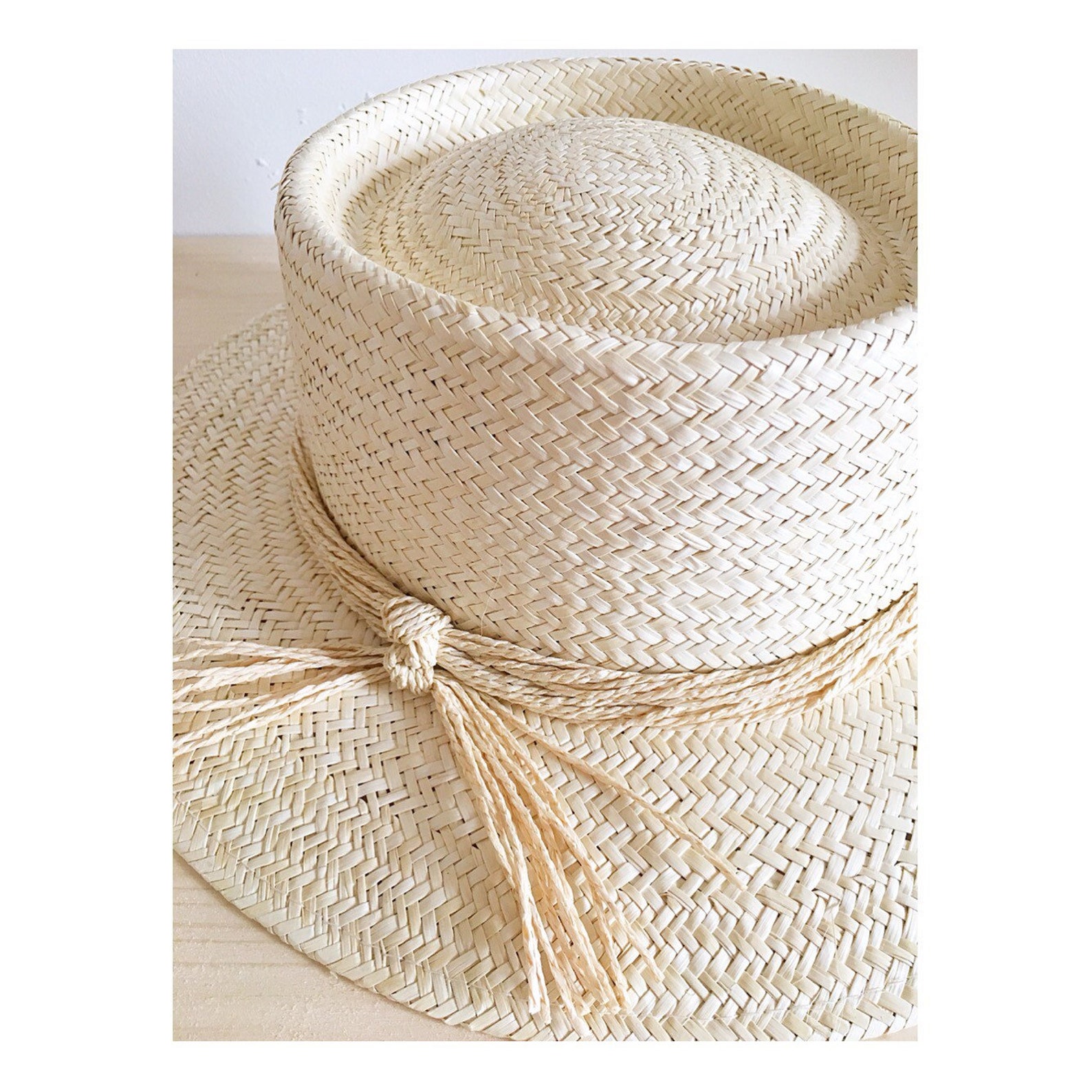 Finely woven quality beige straw hats and knotted strings an Etsy