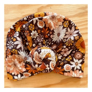 Turban, noeud fleur, jersey de coton certifié Oeko tex, imprimé fleuri, rétro, de naissance à ladulte. image 6
