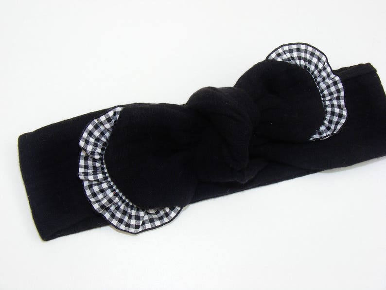 Headband / headband double gauze of black cotton and black and white vichy frills image 2