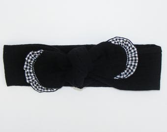 Bandeau / headband gaze double de coton noir et froufrous vichy noir et blanc