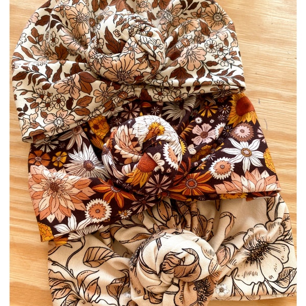 Turban, noeud fleur, jersey de coton certifié Oeko tex, imprimé fleuri, rétro, de naissance à l’adulte.
