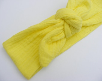 Bandeau / headband gaze de coton jaune citron, à nouer