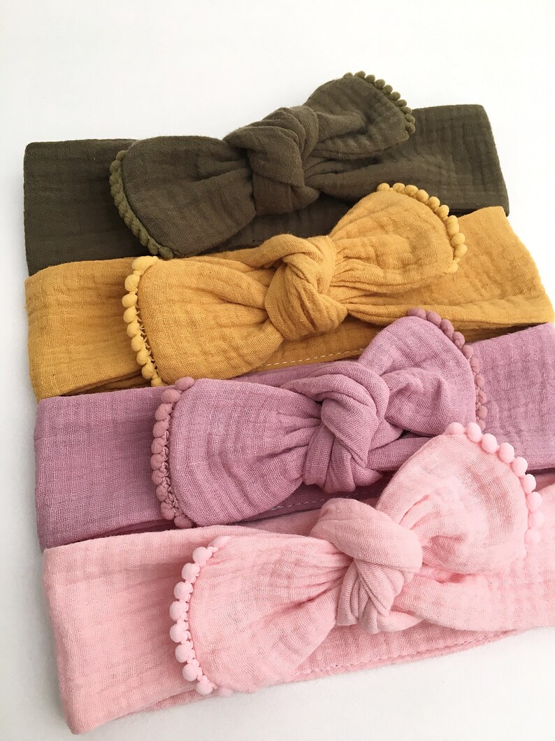 Headband, headband, cotton gauze and small pompoms, for young and old image 3