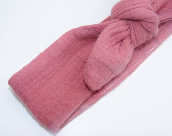 Bandeau / headband gaze de coton vieux rose tout doux