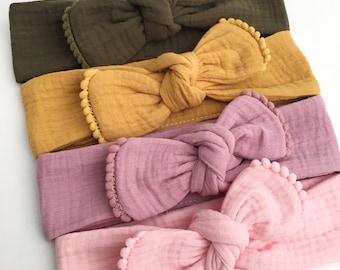 Bandeau, headband,  gaze de coton et petits pompons, pour les petites et les grandes