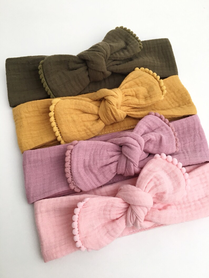 Bandeau, headband, gaze de coton et petits pompons, pour les petites et les grandes image 1