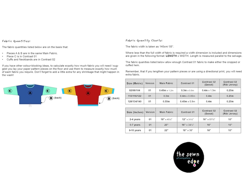 Pu&ograve; includere: Tabella delle quantit&agrave; di tessuto per un modello di maglione per bambini. La tabella include misure in pollici e centimetri per diverse taglie, da 2 a 4 anni a 8 a 10 anni. La tabella include anche i requisiti di tessuto per il tessuto principale, il tessuto a contrasto e il jersey a coste.