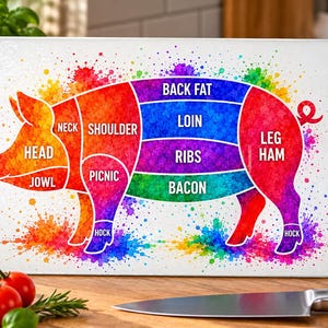 May include: A rectangular glass chopping board featuring a colourful watercolour-style illustration of a pig. The pig is divided into sections labelled with black text: Head, Jowl, Neck, Shoulder, Picnic, Back Fat, Loin, Ribs, Bacon, Leg Ham, and Hock.
