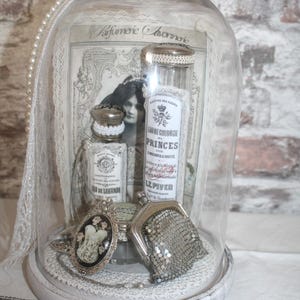 Puede incluir: Una campana de cristal decorativa alberga frascos de perfume vintage, un pequeño monedero plateado y un camafeo. La exhibición incluye un collar de perlas y detalles de encaje, creando una estética romántica y antigua. La campana descansa sobre una base blanca envejecida.