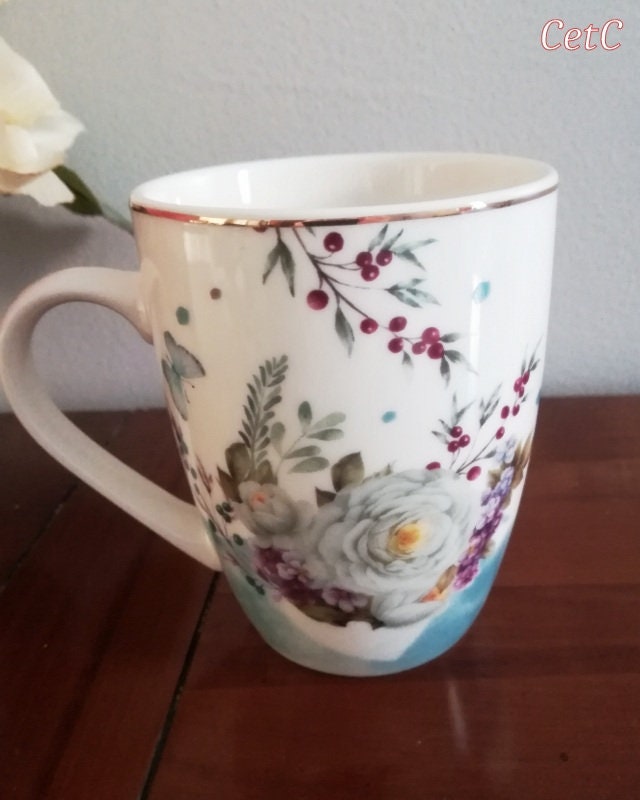 Mug Original, en Porcelaine, Fines Dorures Or' et Fleurs