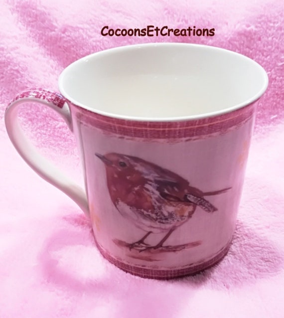 Mug Style Shabby Anglais Bel Oiseau Rouge Gorge Rose