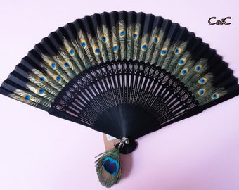 Abanico estilo eduardiano, pluma de pavo real