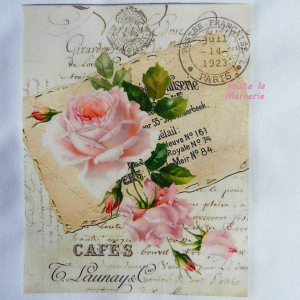 transfert 55.  Beau transfert original sur tissu coton:  TRES BELLE ROSE, Style shabby chic