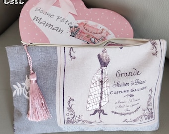 Pochette doublée; pompon rose poudré, tissu coton Paris....00111