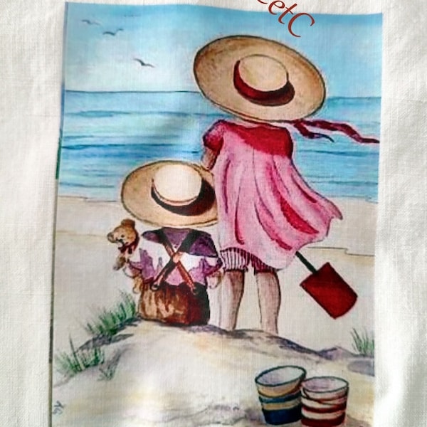 Appliqué/transfert sur tissu, enfants en bord de mer 018