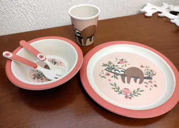 Children s Tableware Set Sloth Pattern Made of Bamboo Fibers in Natural Material Etsy UK
