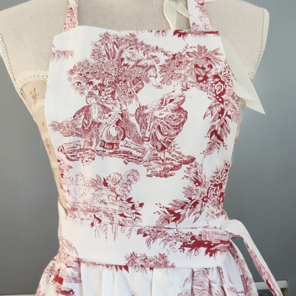 Tablier de cuisine piqué de coton toile de Jouy Rouge 08