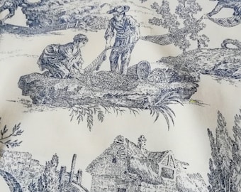 Coupe de tissu toile de Jouy. Bachette BLEU fond blanc