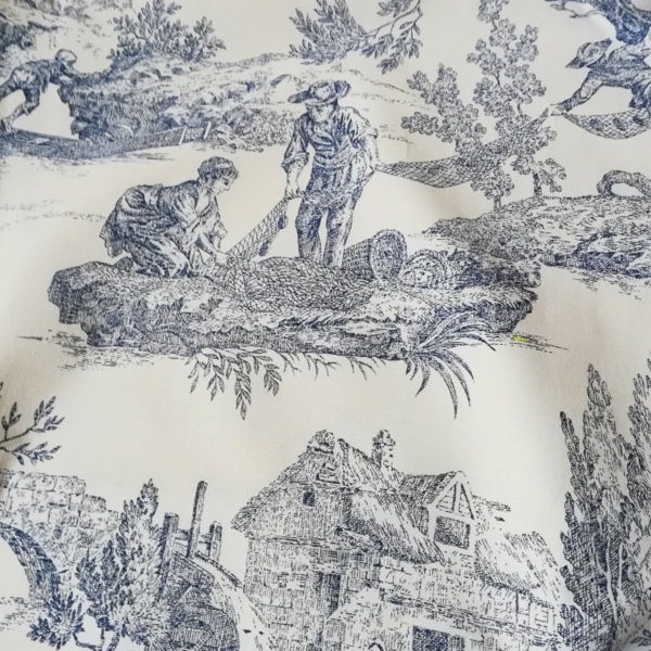 Coupe de tissu toile de Jouy. Bachette BLEU fond blanc