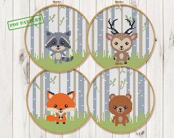 Woodland Animals Cross Stitch Modern Pattern Watercolor Animals Forest Friends Bear Deer Fox Wolf pdf pattern download