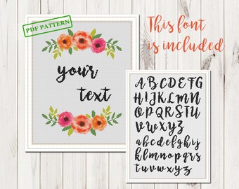 Watercolor Flowers template Cross Stitch Alphabet Pattern Personalized Modern xstitch Font chart letters DIY pdf pattern instant download