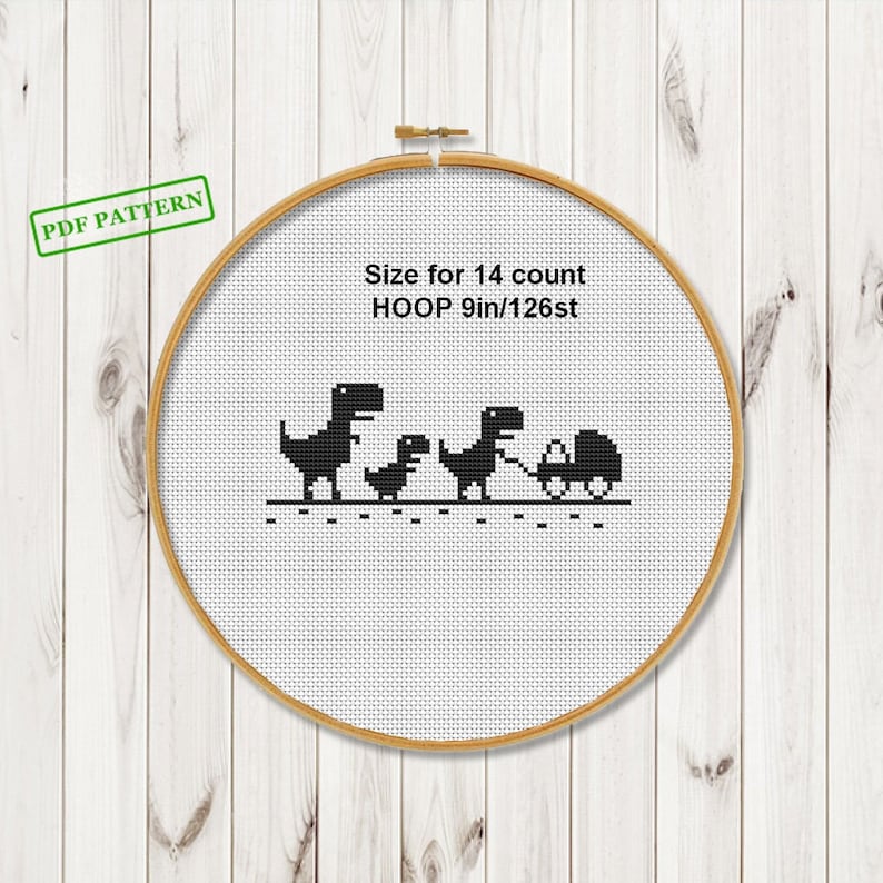 Funny Cross Stitch Trex Pattern Dinosaur Trex Family Easy Beginners Mini Modern Cute Trex Cross Stitch Silhouette PDF pattern download