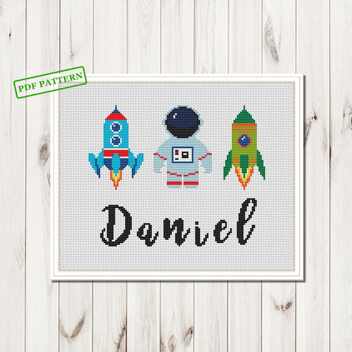 DIY Cross Stitch Name Sign for boy pattern Nursery Rockets Etsy
